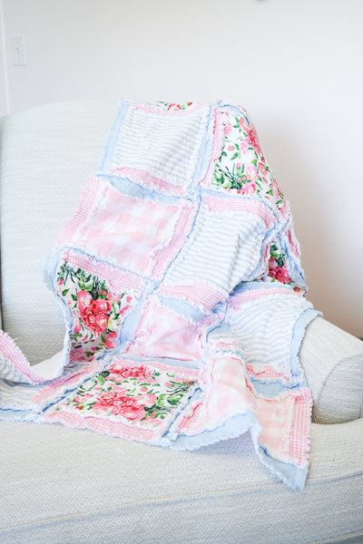 Pink Floral Baby Girl Rag Quilt Crib Bedding, Baby Girl Quilts, Pastel Blue Flower Newborn Baby Gift for Girls