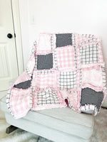 Antique French Style Rag Quilt for Crib to Twin Size Bedding, Big Handmade Rag Quilts, Pink and Black Toddler Bedding for Girls