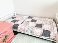 Antique French Style Rag Quilt for Crib to Twin Size Bedding, Big Handmade Rag Quilts, Pink and Black Toddler Bedding for Girls