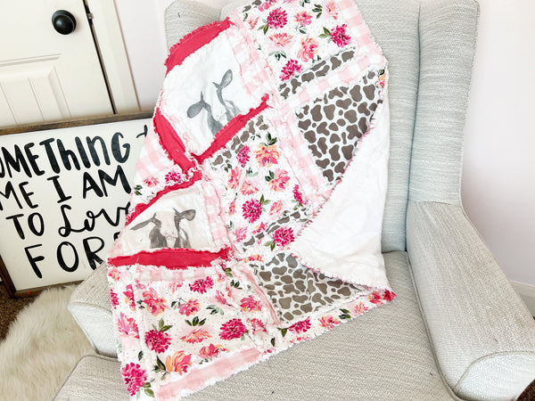 Cow Baby Blanket Pink Comforter Baby Girl Rag Quilt, Baby Girl Quilts, Floral Crib Bedding to Twin Bed Spread Size for Girls