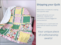 Floral yellow and pink girl rag quilt for sale, featuring soft fabric with a green accent. Available in sizes from toddler to throw and twin, this cozy quilt is perfect for girls&#39; bedding, offering warmth and style in a floral design