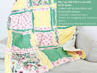 Floral yellow and pink girl rag quilt for sale, featuring soft fabric with a green accent. Available in sizes from toddler to throw and twin, this cozy quilt is perfect for girls&#39; bedding, offering warmth and style in a floral design