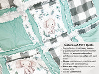 Elephant Blanket Baby Boy Rag Quilt, Elephant Quilts, Sage Green Crib Bedding Homemade Quilts for Boys