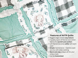 Elephant Blanket Baby Boy Rag Quilt, Elephant Quilts, Sage Green Crib Bedding Homemade Quilts for Boys