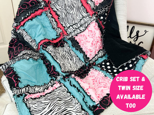Pink Turquoise Baby Girl Rag Quilt, Baby Girl Quilts, Black and White Zebra Crib Bedding Set for Baby Girl