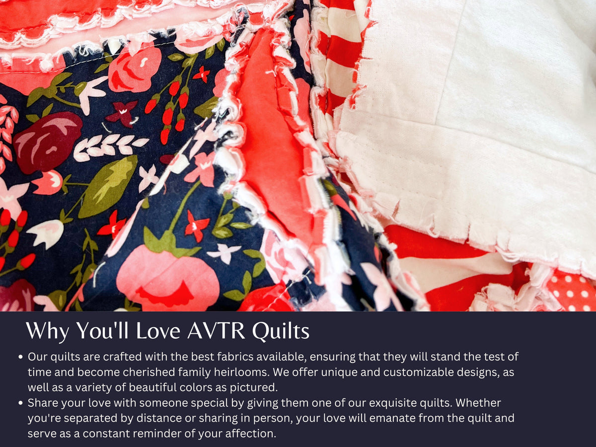 Floral Boho Rag Quilt for Sale, Girls Quick Ship Quilts, Coral Navy Blue Baby Girl Quilt for Sale Handmade for Girls - A Vision to Remember