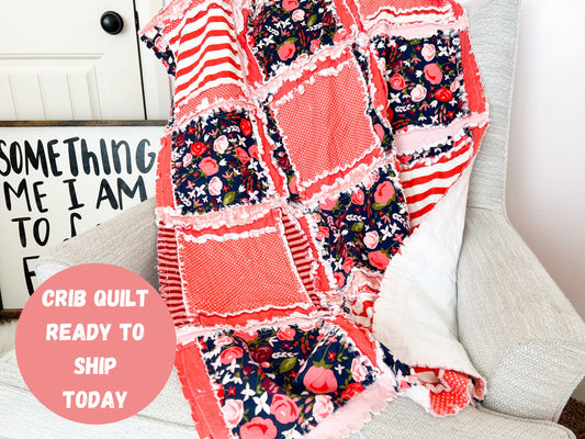 Floral Boho Rag Quilt for Sale, Girls Quick Ship Quilts, Coral Navy Blue Baby Girl Quilt for Sale Handmade for Girls - A Vision to Remember