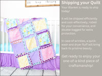Baby girl crib-size rag quilt and bedding set in purple, pink, yellow, and mint green. Features a soft, patchwork design perfect for a girl&#39;s nursery. This cozy quilt is a quick-ship item, ideal for adding comfort and color to a baby crib