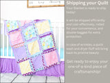 Baby girl crib-size rag quilt and bedding set in purple, pink, yellow, and mint green. Features a soft, patchwork design perfect for a girl&#39;s nursery. This cozy quilt is a quick-ship item, ideal for adding comfort and color to a baby crib