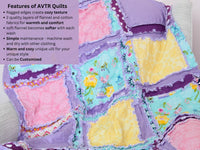 Baby girl crib-size rag quilt and bedding set in purple, pink, yellow, and mint green. Features a soft, patchwork design perfect for a girl&#39;s nursery. This cozy quilt is a quick-ship item, ideal for adding comfort and color to a baby crib