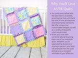 Baby girl crib-size rag quilt and bedding set in purple, pink, yellow, and mint green. Features a soft, patchwork design perfect for a girl&#39;s nursery. This cozy quilt is a quick-ship item, ideal for adding comfort and color to a baby crib