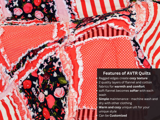 Floral Boho Rag Quilt for Sale, Girls Quick Ship Quilts, Coral Navy Blue Baby Girl Quilt for Sale Handmade for Girls - A Vision to Remember