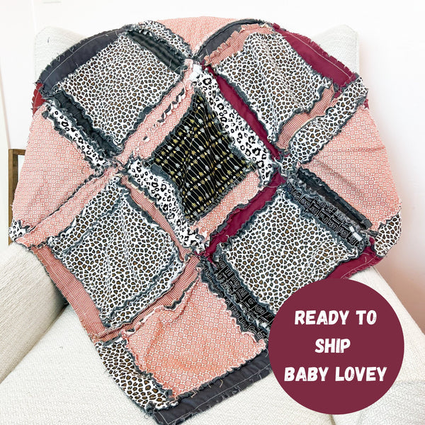 Leopard Print Baby Lovey Baby Girl Rag Quilt, Girls Quick Ship Quilts, Dark Red and Black Baby Blanket for Girls