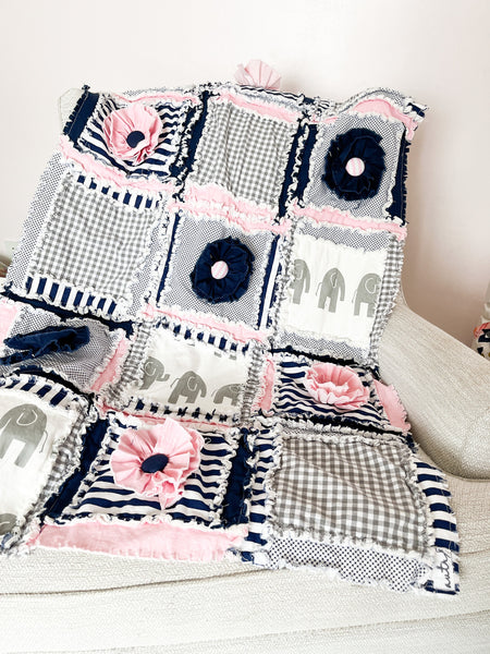 Pink Baby Blanket Baby Girl Bedding, Elephant Quilts, Many Sizes Available, Mini Crib to Twin Rag Quilts for Girls