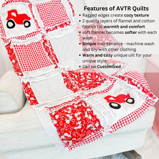 Tractor Baby Girl Rag Quilt Red Floral Blanket, Baby Girl Quilts, Baby Blankets to Twin Size Quilts Available for Girls - A Vision to Remember