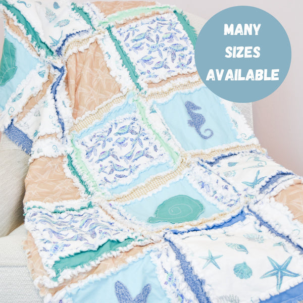 Ocean Baby Quilt Crib Bedding, Nautical Baby Quilts, Seashells Beach Themed Handmade Baby Quilts for Sale - A Vision to Remember