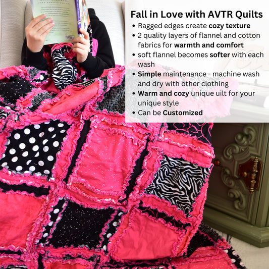 Black and Pink Quilt for Sale Handmade, Big Handmade Rag Quilts, Zebra Girl Bedding Twin Size & Queen Size Quilts - A Vision to Remember