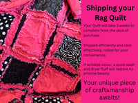 Black and Pink Quilt for Sale Handmade, Big Handmade Rag Quilts, Zebra Girl Bedding Twin Size & Queen Size Quilts