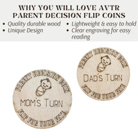 Wooden Parent Decision Coin – 3x3 Inches Engraved Baby Design | &quot;Mom&#39;s Turn&quot; & &quot;Dad&#39;s Turn&quot; New Parent Gift