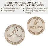 Wooden Parent Decision Coin – 3x3 Inches Engraved Baby Design | &quot;Mom&#39;s Turn&quot; & &quot;Dad&#39;s Turn&quot; New Parent Gift