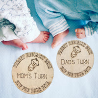 Wooden Parent Decision Coin – 3x3 Inches Engraved Baby Design | &quot;Mom&#39;s Turn&quot; & &quot;Dad&#39;s Turn&quot; New Parent Gift