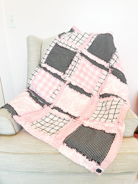 Pink and Black Baby Girl Rag Quilt, Baby Girl Quilts, Toile Plaid Handmade Quilts Baby Girl Bedding - A Vision to Remember
