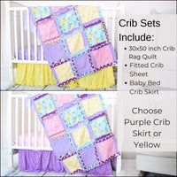 Baby girl crib-size rag quilt and bedding set in purple, pink, yellow, and mint green. Features a soft, patchwork design perfect for a girl&#39;s nursery. This cozy quilt is a quick-ship item, ideal for adding comfort and color to a baby crib