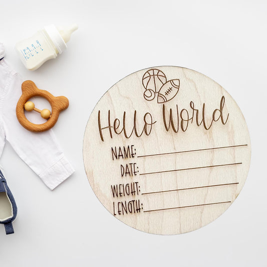 Sports Wooden Baby Birth Announcement, Newborn Hospital Disc, 5x5 inches Sports Baby Shower Gift for Boys - A Vision to Remember