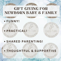 Wooden Parent Decision Coin – 3x3 Inches Engraved Baby Design | "Mom's Turn" & "Dad's Turn" New Parent Gift