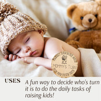 Wooden Parent Decision Coin – 3x3 Inches Engraved Baby Design | "Mom's Turn" & "Dad's Turn" New Parent Gift
