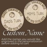 Basketball Wooden Parent Decision Coin – 3x3 Inches Engraved Baby Design | Sports Themed "Mom's Turn" & "Dad's Turn" New Parent Gift