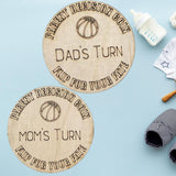 Basketball Wooden Parent Decision Coin – 3x3 Inches Engraved Baby Design | Sports Themed "Mom's Turn" & "Dad's Turn" New Parent Gift