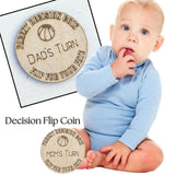 Basketball Wooden Parent Decision Coin – 3x3 Inches Engraved Baby Design | Sports Themed "Mom's Turn" & "Dad's Turn" New Parent Gift
