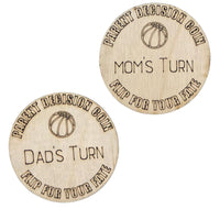 Basketball Wooden Parent Decision Coin – 3x3 Inches Engraved Baby Design | Sports Themed "Mom's Turn" & "Dad's Turn" New Parent Gift