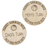 Basketball Wooden Parent Decision Coin – 3x3 Inches Engraved Baby Design | Sports Themed "Mom's Turn" & "Dad's Turn" New Parent Gift