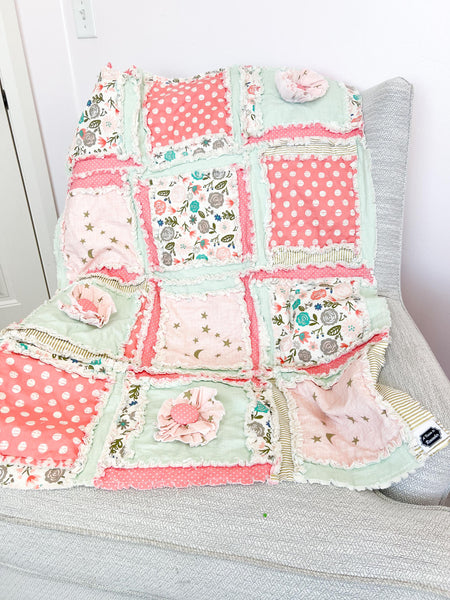 Floral Baby Blanket and Toddler Bedding Girl in Coral Pink Mint Green Gold, Baby Girl Quilts, Also Twin Size Quilts for Girls