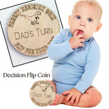 Dinosaur Themed Wooden Parent Decision Coin – 3x3 Inches Engraved Baby Design | Custom Name "Mom's Turn" & "Dad's Turn" New Parent Gift
