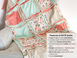 Baby Girl Rag Quilt, Floral Boho Comforter, Coral Pink, Mint Green, and Tan Nursery Decor, Baby Shower Gift for Girls