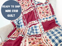 Floral Boho Baby Girl Mini Crib Quilt for Baby Girl Bedding, Girls Quick Ship Quilts, Dusty Rose Blue and Burgundy Rag Quilt for Girls