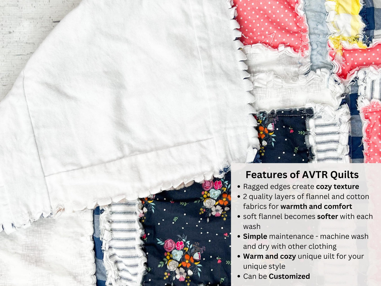 Coral Pink Comforter Lovey for Babies, Girls Quick Ship Quilts, Navy Blue Floral Baby Girl Rag Quilt - A Vision to Remember