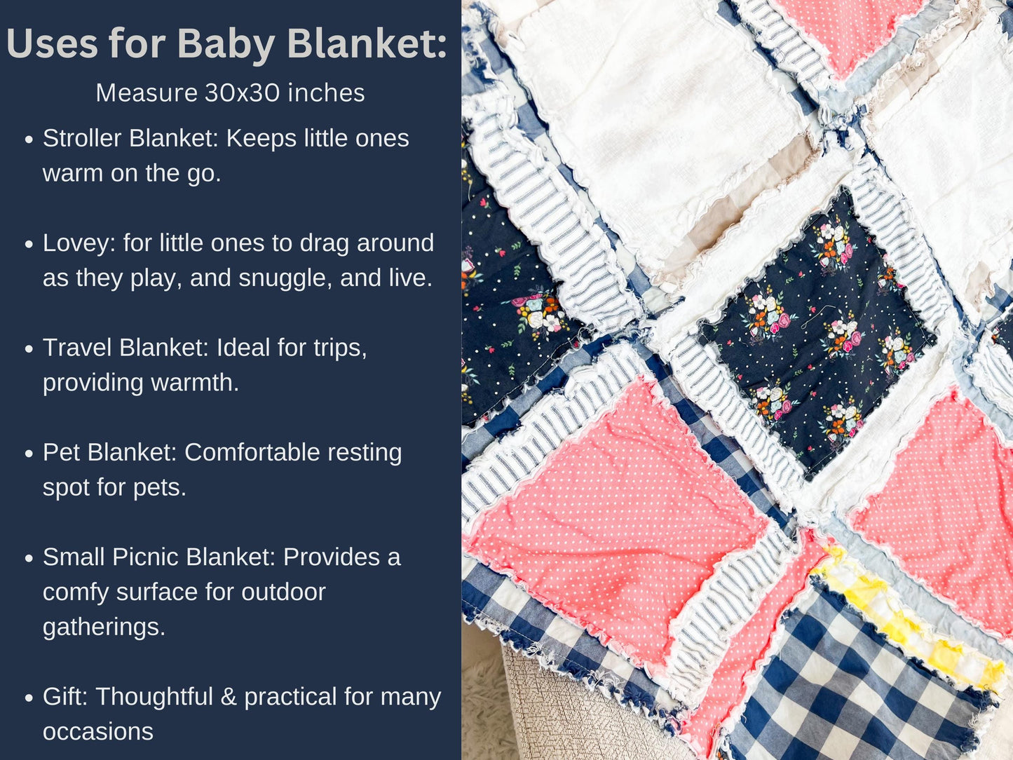Coral Pink Comforter Lovey for Babies, Girls Quick Ship Quilts, Navy Blue Floral Baby Girl Rag Quilt - A Vision to Remember