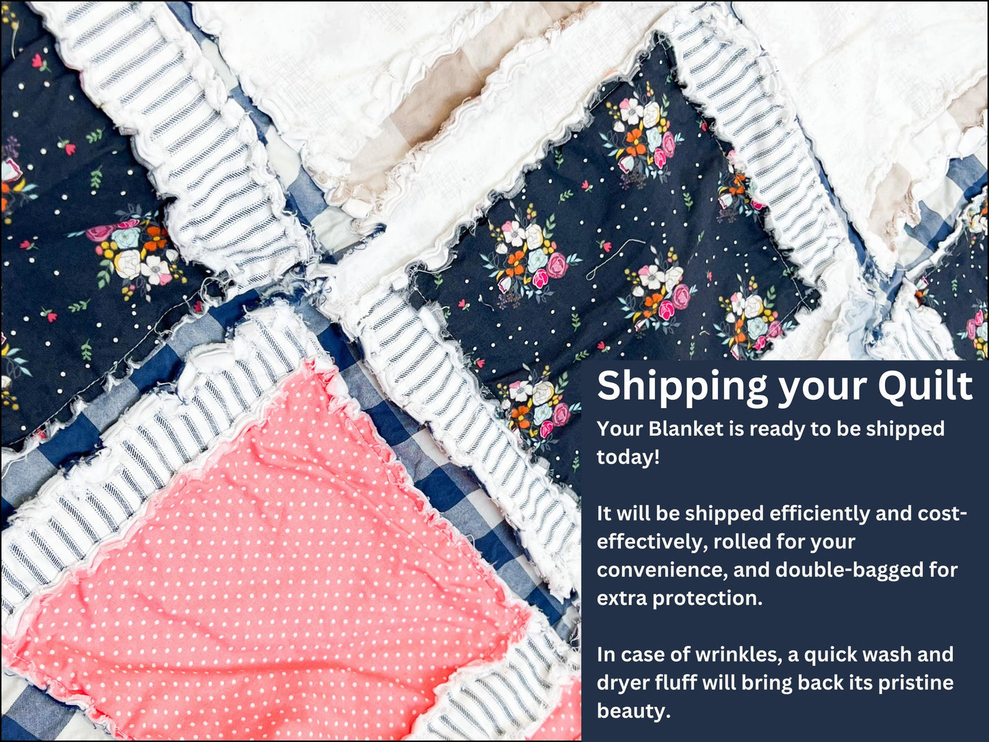 Coral Pink Comforter Lovey for Babies, Girls Quick Ship Quilts, Navy Blue Floral Baby Girl Rag Quilt - A Vision to Remember
