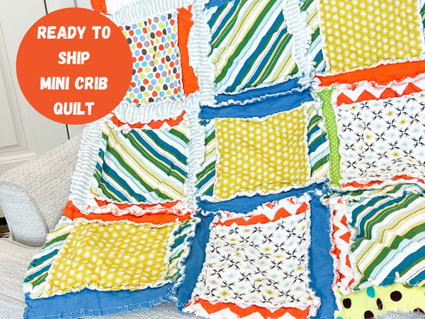 Baby Boy Rag Quilt for Mini Crib, Boys Quick Ship Quilts, Orange Blue Green Funky Blanket, Homemade Quilts for Boys - A Vision to Remember