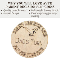 Dinosaur Themed Wooden Parent Decision Coin – 3x3 Inches Engraved Baby Design | Custom Name "Mom's Turn" & "Dad's Turn" New Parent Gift