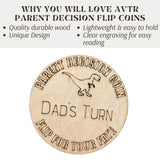 Dinosaur Themed Wooden Parent Decision Coin – 3x3 Inches Engraved Baby Design | Custom Name "Mom's Turn" & "Dad's Turn" New Parent Gift