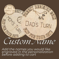 Dinosaur Themed Wooden Parent Decision Coin – 3x3 Inches Engraved Baby Design | Custom Name "Mom's Turn" & "Dad's Turn" New Parent Gift