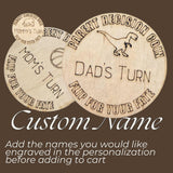 Dinosaur Themed Wooden Parent Decision Coin – 3x3 Inches Engraved Baby Design | Custom Name "Mom's Turn" & "Dad's Turn" New Parent Gift
