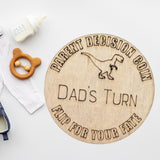 Dinosaur Themed Wooden Parent Decision Coin – 3x3 Inches Engraved Baby Design | Custom Name "Mom's Turn" & "Dad's Turn" New Parent Gift