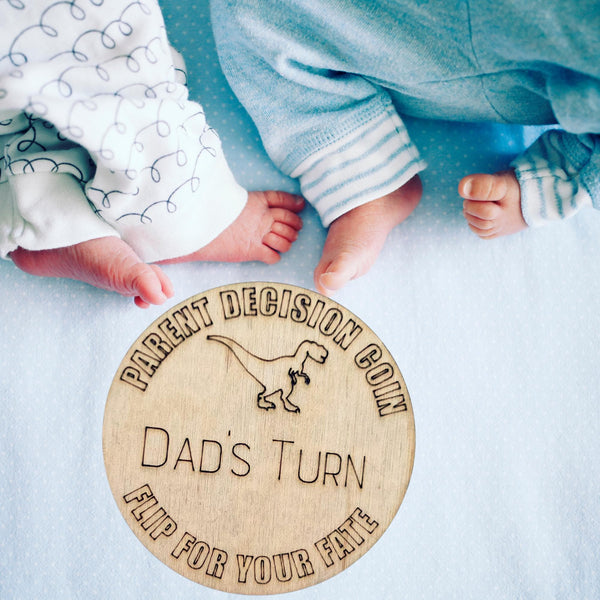Dinosaur Themed Wooden Parent Decision Coin – 3x3 Inches Engraved Baby Design | Custom Name "Mom's Turn" & "Dad's Turn" New Parent Gift