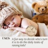 Dinosaur Themed Wooden Parent Decision Coin – 3x3 Inches Engraved Baby Design | Custom Name "Mom's Turn" & "Dad's Turn" New Parent Gift